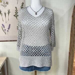 Joseph Ribkoff Open Knit Sequin Oversized Tunic Sweater Coastal Grandma Boho S